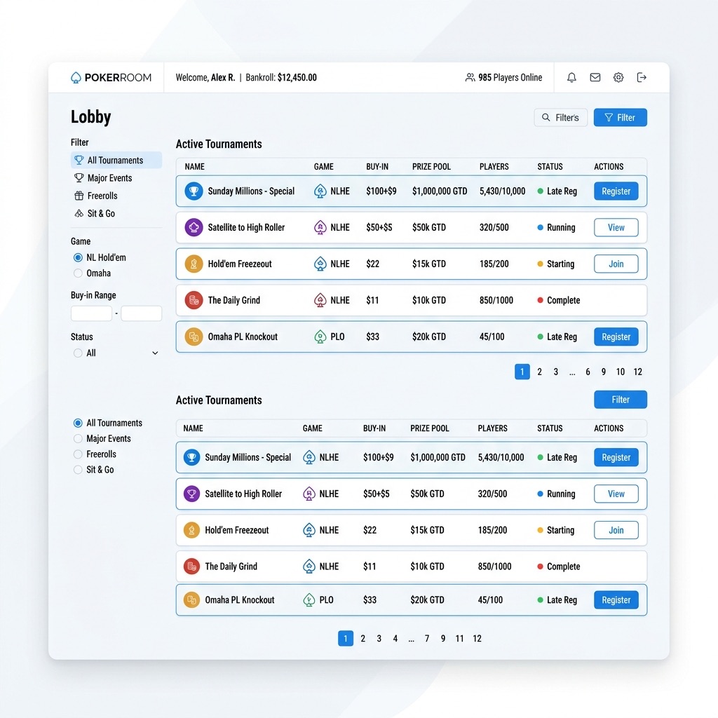 Poker Game Software — Tournament Lobby on Online Poker Website